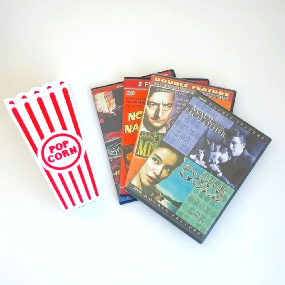 7 DVD Movie Bundle Film Noir 1930s-40s Classics & 2 New Popcorn Containers
